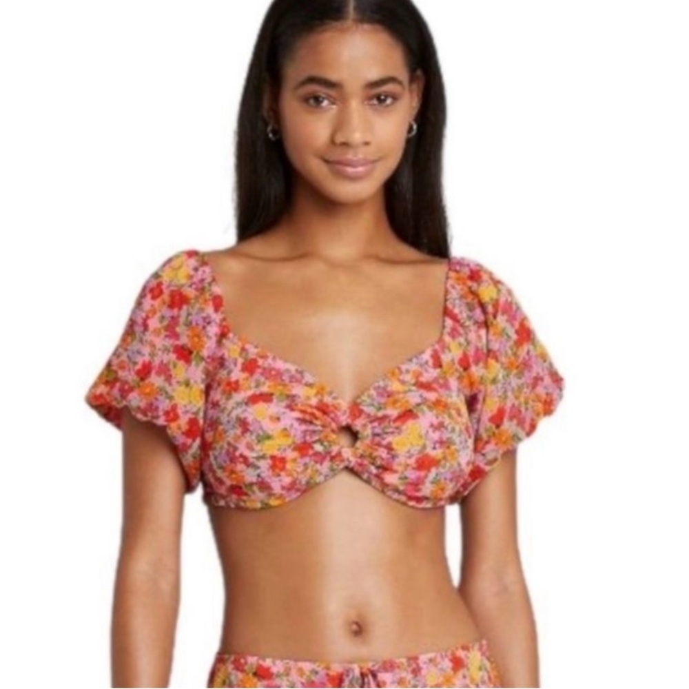 Wild Fable Pink Floral Puff Crop Top Size Large